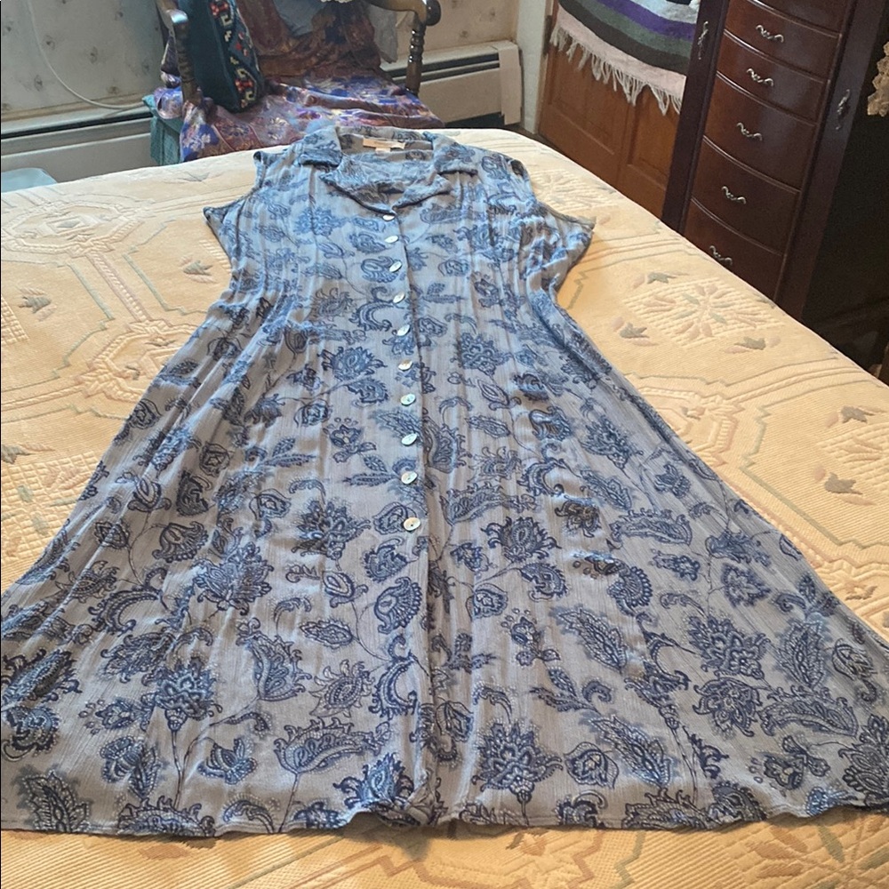 Dressbarn Blue and White Notched Collar Maxi Sundress